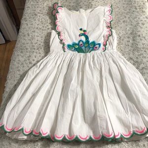 Mini Boden appliqué ruffled peacock dress size 9-10